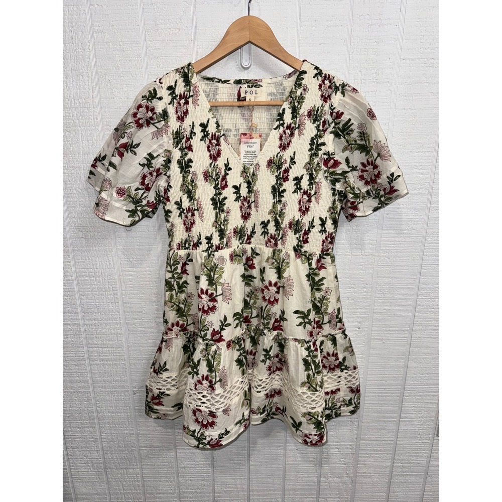 POL Dress Womens Small Cream Floral Hand Block Print Smocked Tiered Boho SMQE27
